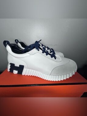 Hermes White Sneakers with Navy Laces